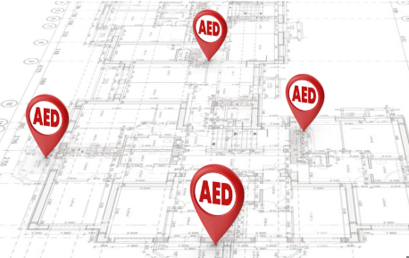 A blue print site map showing AED locations